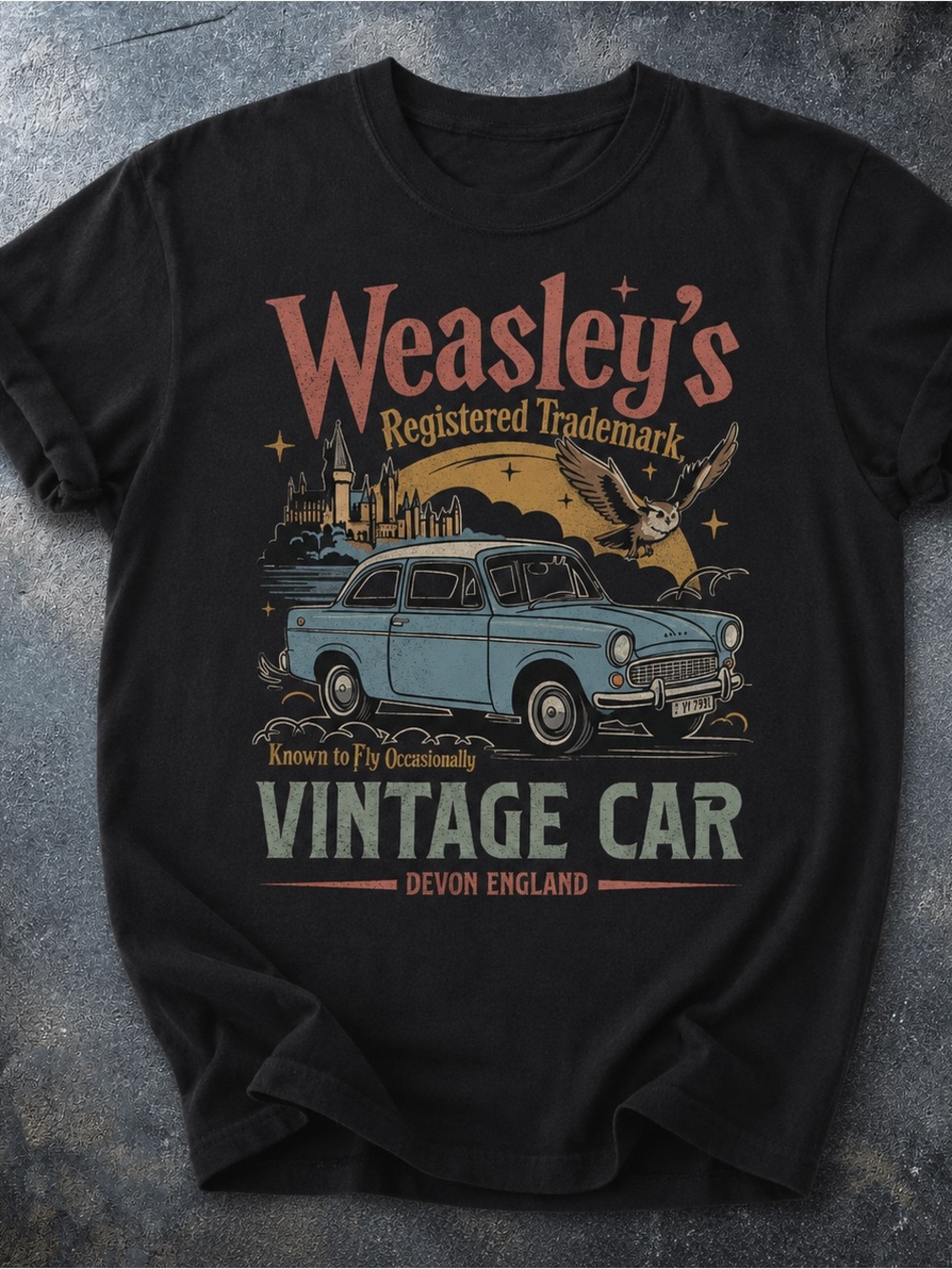 Weasley Flying Car Shirt, Harry Potter Graphic Tee - Black Unisex